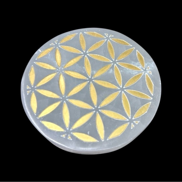 Selenite Satin Spar Flower of Life Coaster Charging Decor Plate - Picture 1 of 5